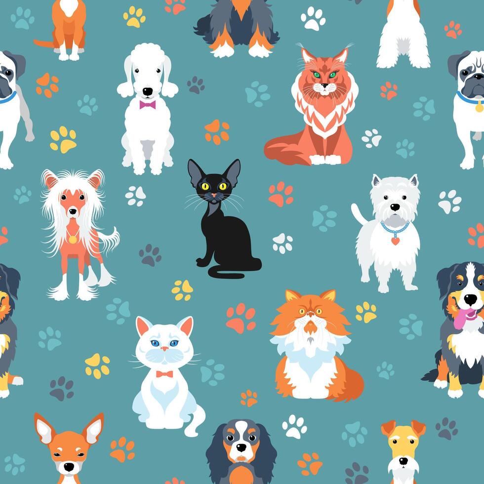 Seamless pattern with cats and dogs flat design vector