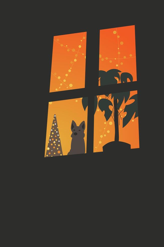 vector perro en Navidad ventana