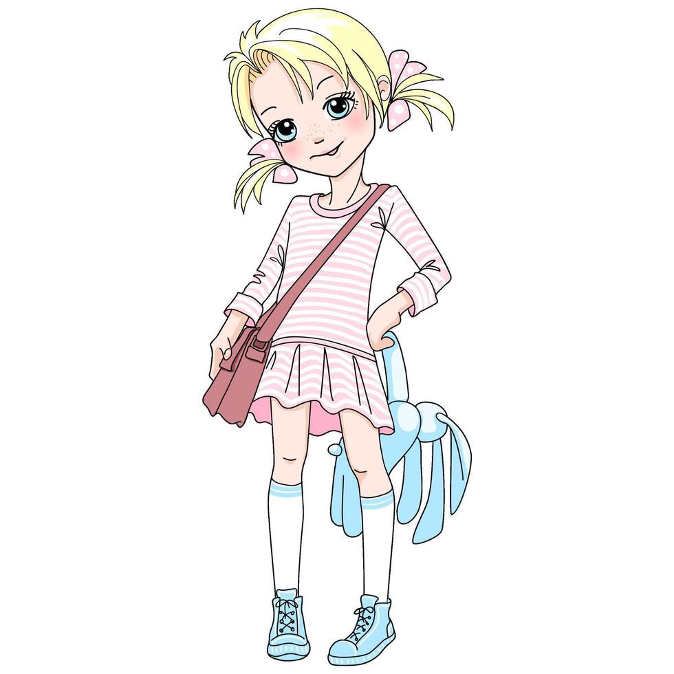 Vector baby girl with bag and toy
