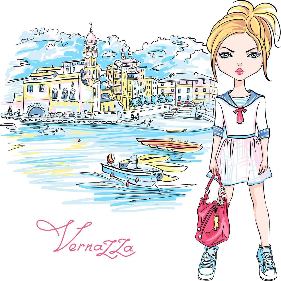 Cute fashion girl in Vernazza, Italia. vector