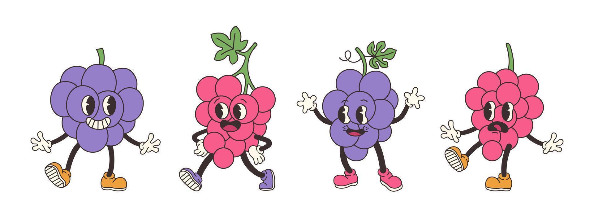 Groovy grape set. Hand draw Funny Retro vintage trendy style apple cartoon character illustration. Doodle Comic collection. Vector illustration