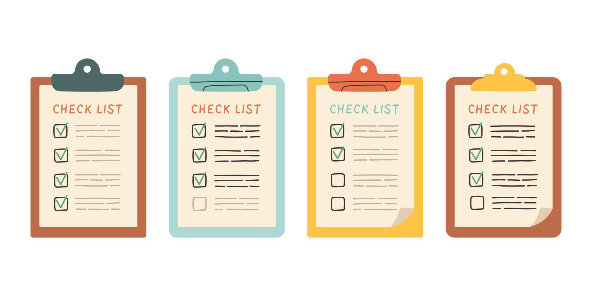 Clipboard with check list set. Completed task list. Documents in a folder. Check mark. Clipboard or to do list with tick. Flat design. Vector illustration