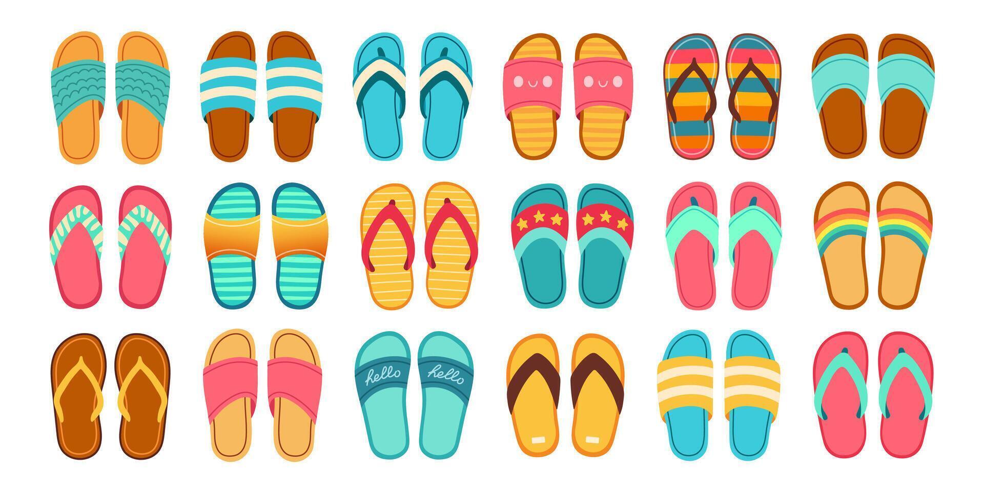 Summer slippers set. Flip flops summer shoes vector illustration, slippers view from above, flat design. Vector illustration