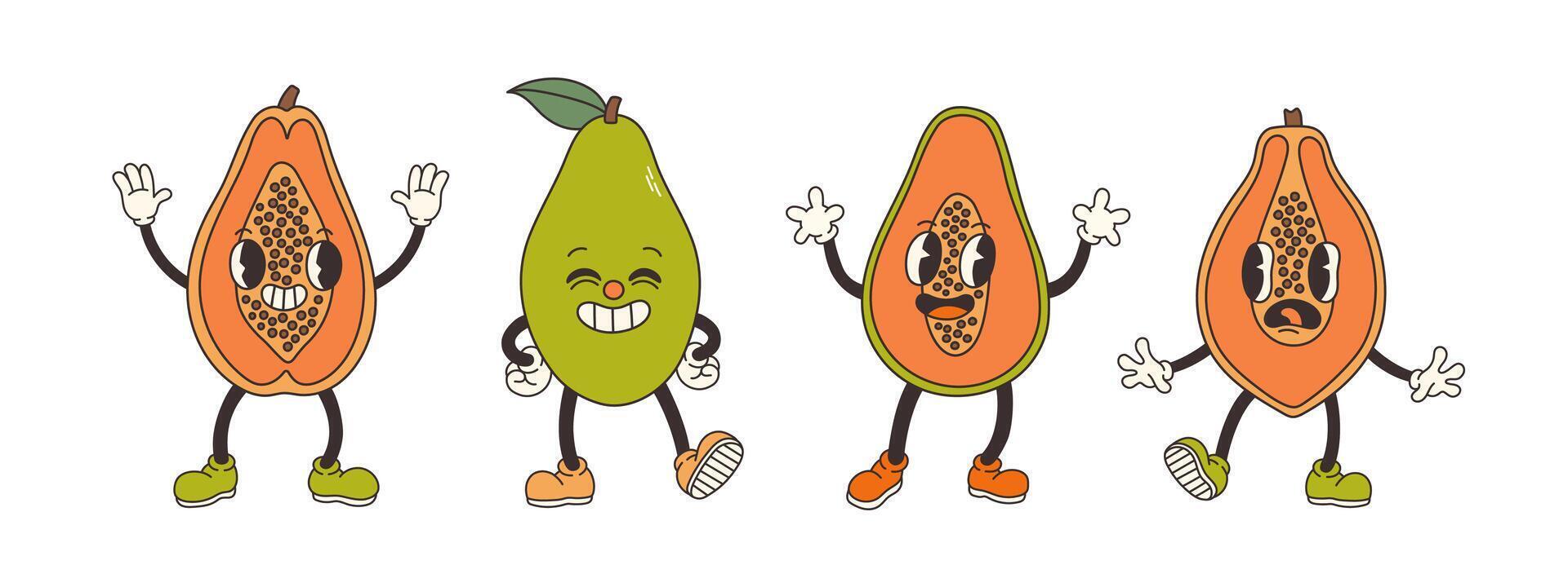 Groovy papaya set. Hand draw Funny Retro vintage trendy style apple cartoon character illustration. Doodle Comic collection. Vector illustration