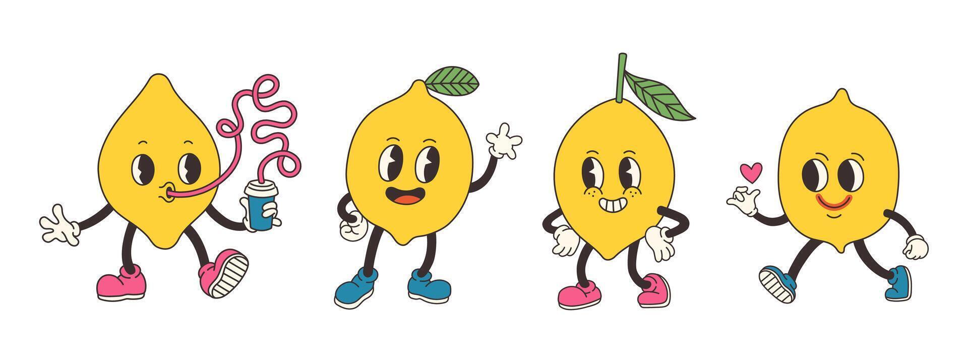 Groovy lemon set. Hand draw Funny Retro vintage trendy style apple cartoon character illustration. Doodle Comic collection. Vector illustration