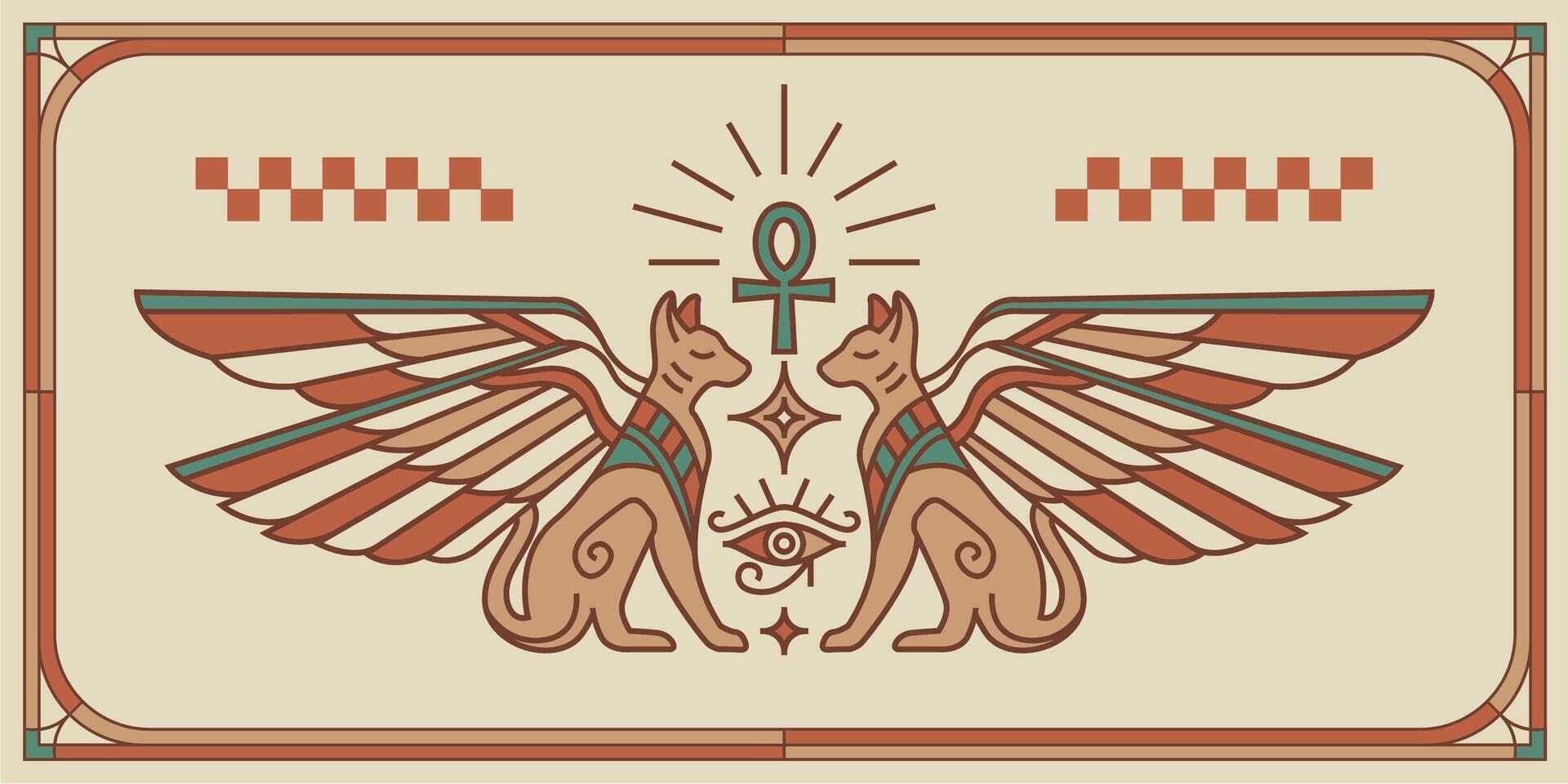 Two winged egypt cats, sacred eye of god Horus. Ancient Egypt vintage art hipster line art Illustration vector with eye of horus with Sacred scarab wings wall art design in outline minimal design