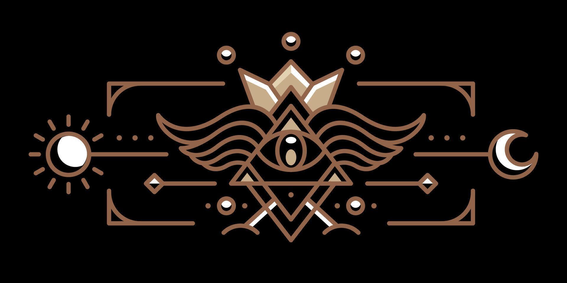 sacred all seeing eye illustration. Ancient Egypt vintage art hipster line art Illustration vector with eye of horus with Sacred scarab wings wall art design in outline artwork
