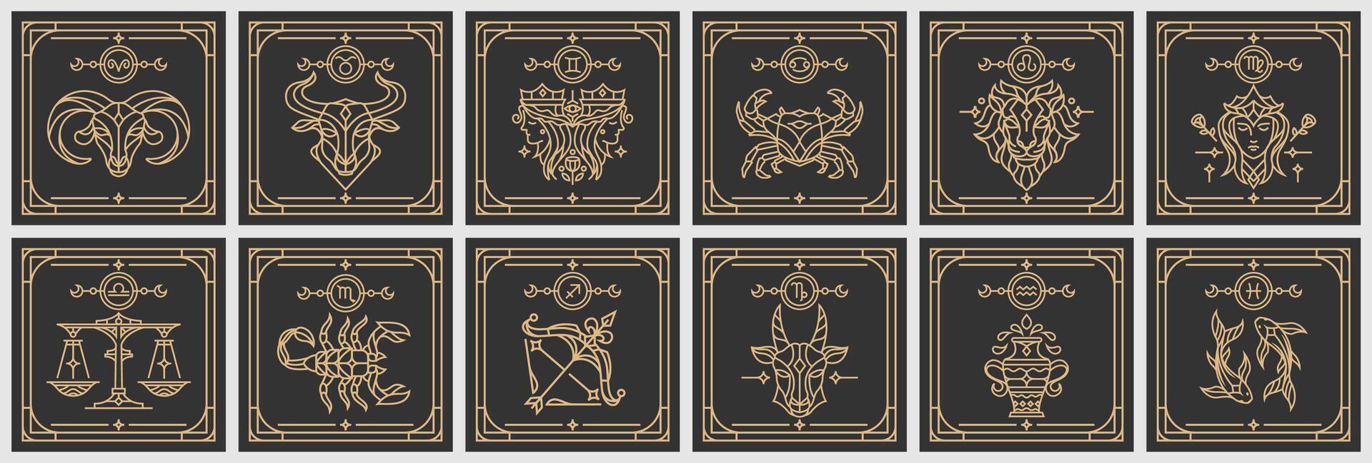 collection of Zodiac astrology horoscope signs linear design vector illustrations set. Elegant line art symbols and icons of esoteric zodiacal horoscope templates for logo or poster