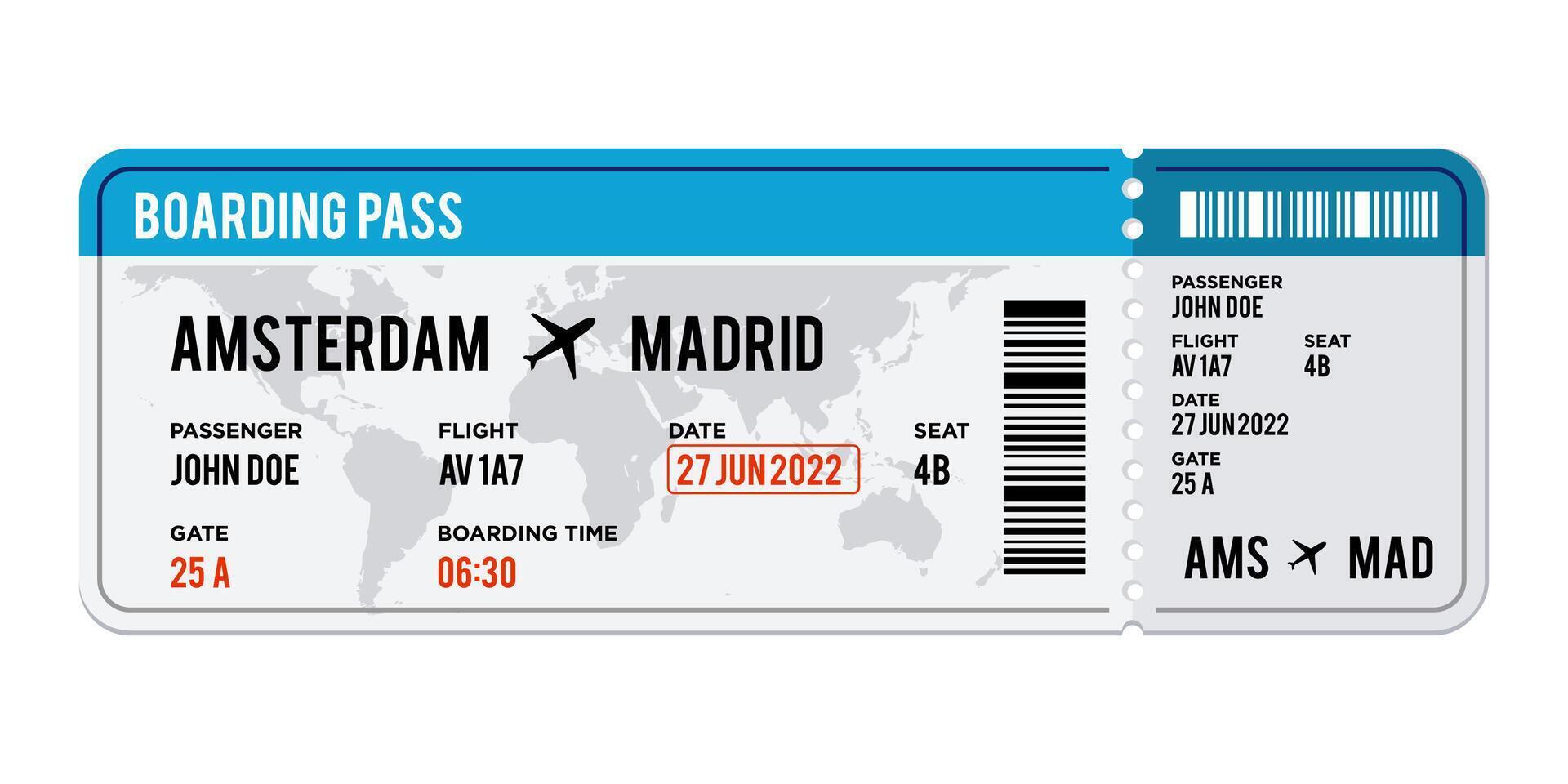 blue and white Airplane ticket design. Realistic illustration of airplane boarding pass with passenger name and destination. Concept of travel, journey or business trip. Isolated on white background vector