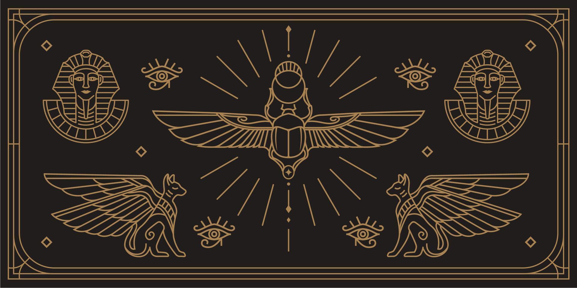 esotérico antiguo Egipto Arte decoración ilustración con varios símbolo. colección de egipcio Clásico Arte de faraón,gatos y escarabajo fondo de pantalla vector