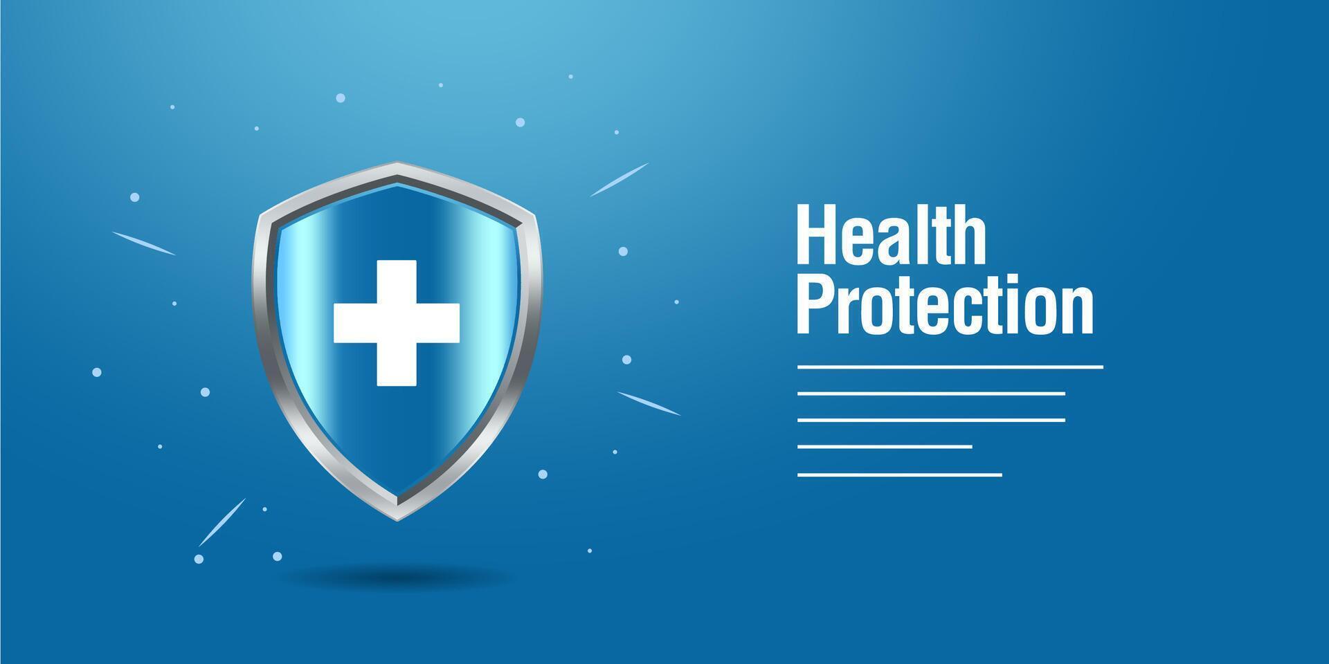 Health protection banner with shield, cross and bacteria cells flying on blue background. Anti virus and bacterial or germ defence, immune system protect medical poster, Realistic vector illustration