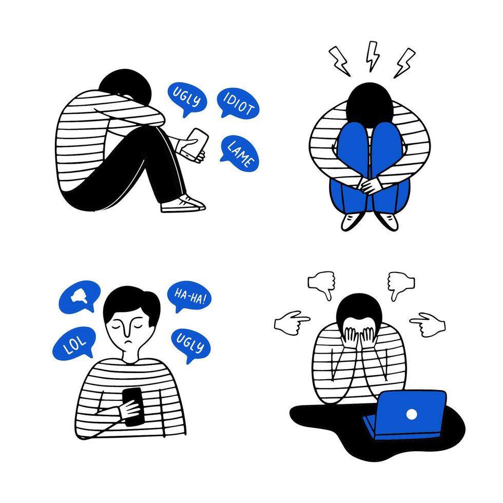 Cyberbullying theme with a sad guy. vector