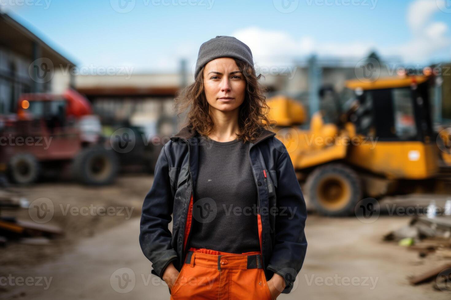 AI generated a woman engineer, builder or architect in a helmet against the background of a construction site photo