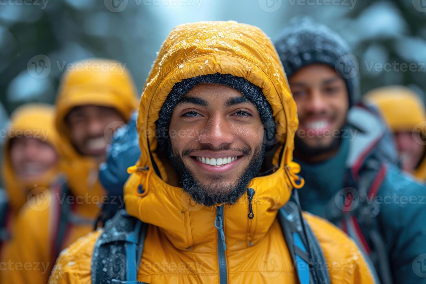 AI generated A reusable young group of happy people takes a selfie photo on a camera outside