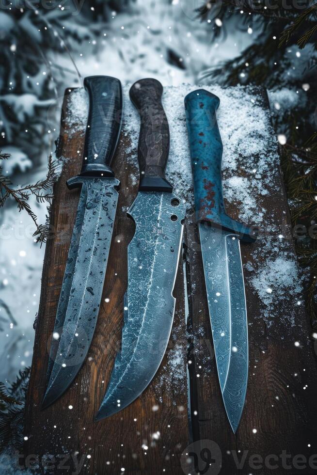 AI generated Knives made of Damascus steel on a wooden board photo