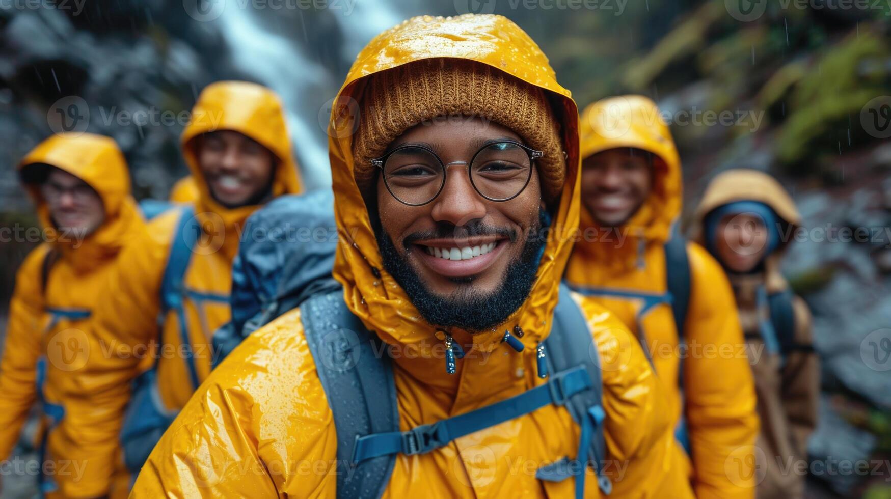 AI generated A reusable young group of happy people takes a selfie photo on a camera outside