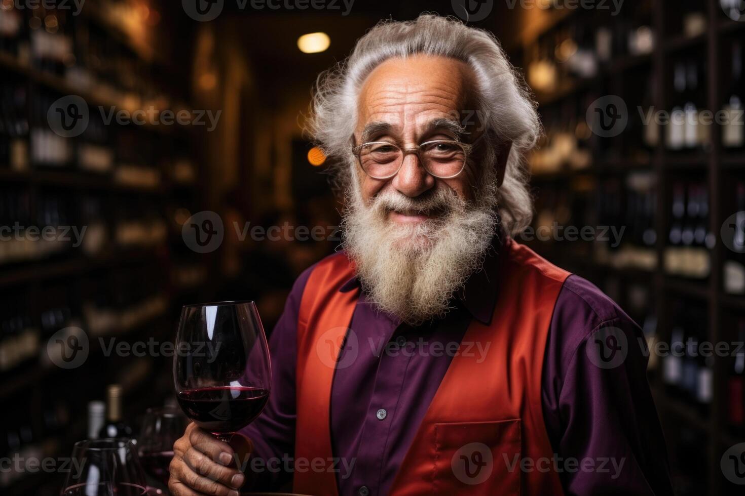 AI generated A confident, elderly, positive, smiling man with a beard tasting red wine in his wine cellar photo