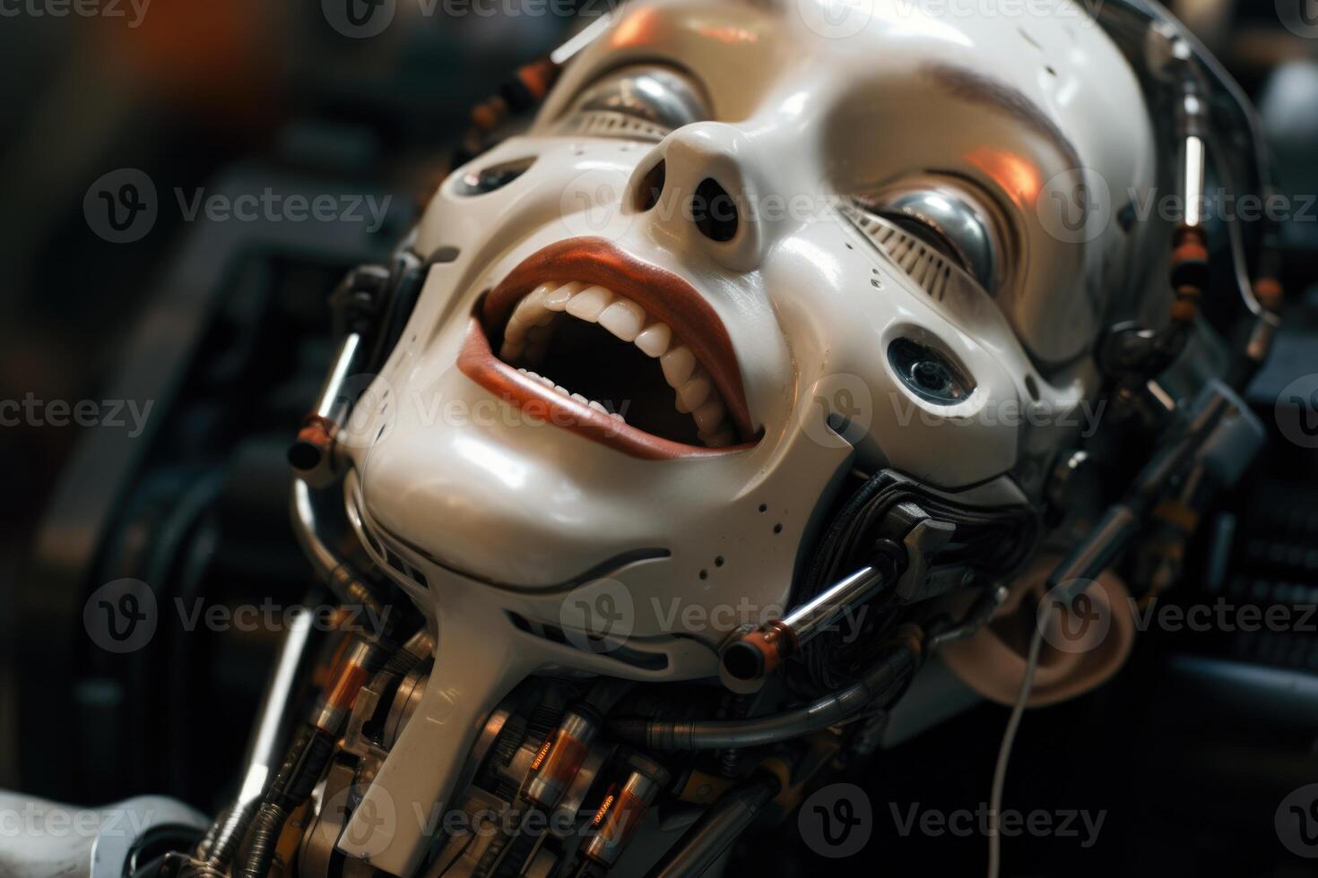 AI generated Close-up of a female cyborg's face. Bionic Robot photo