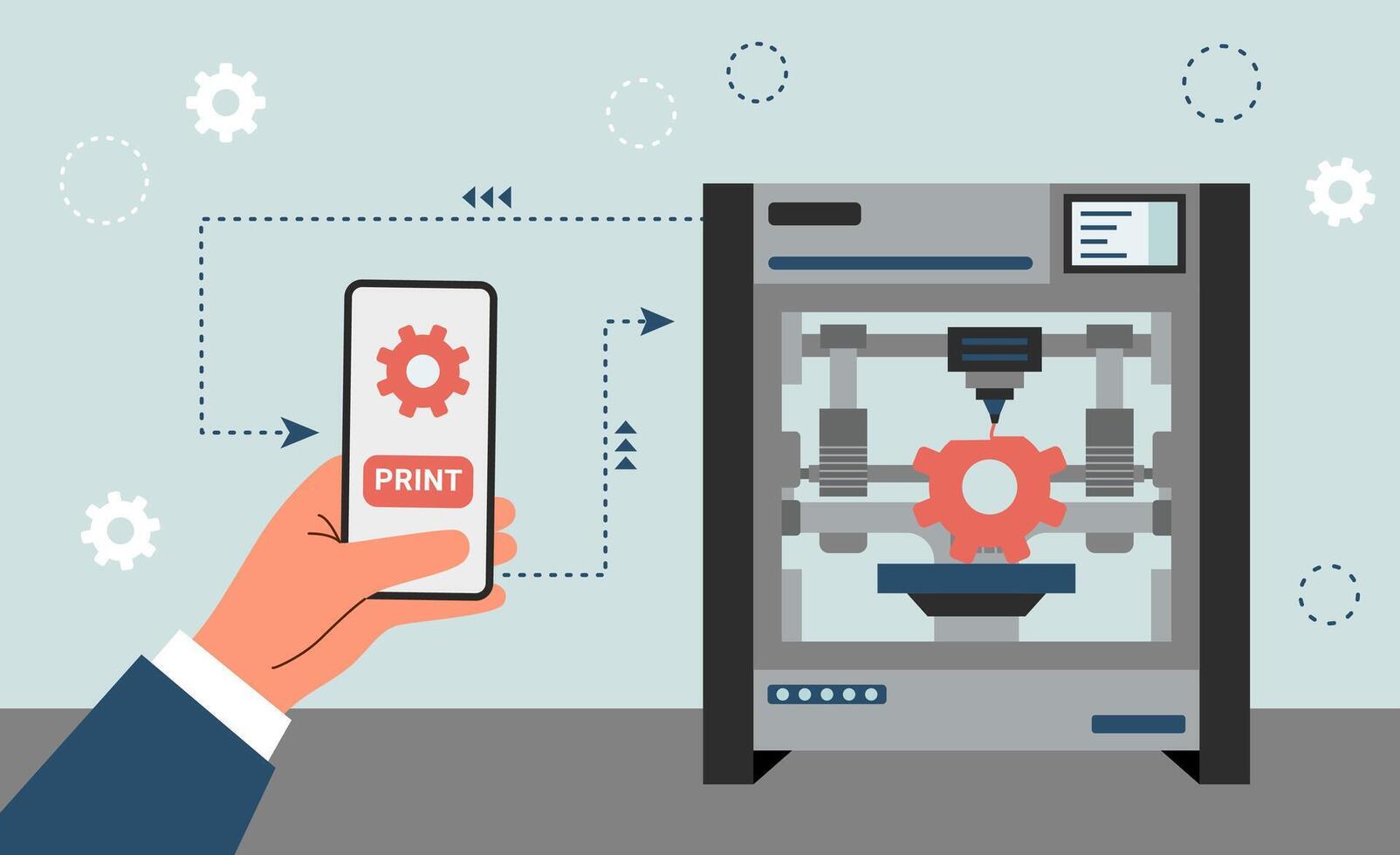 3d printer printing a part. Hand with phone launching a 3d printer. Technology concept. vector