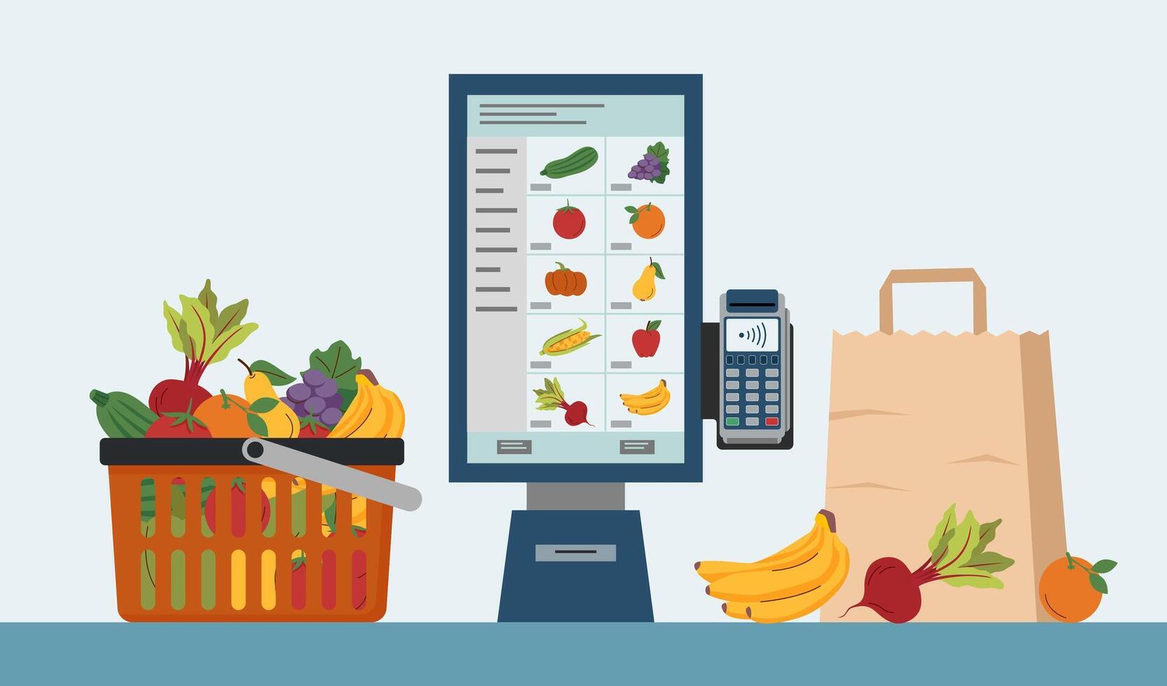comida quiosco para yo ordenar y yo pago, compras cesta con Fruta y vegetales y compras bolsa. comida compras concepto. tecnología concepto. vector