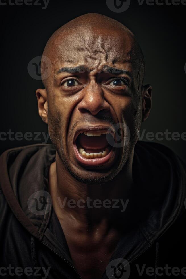 AI generated Portrait of a serious man of the African race on a black background photo