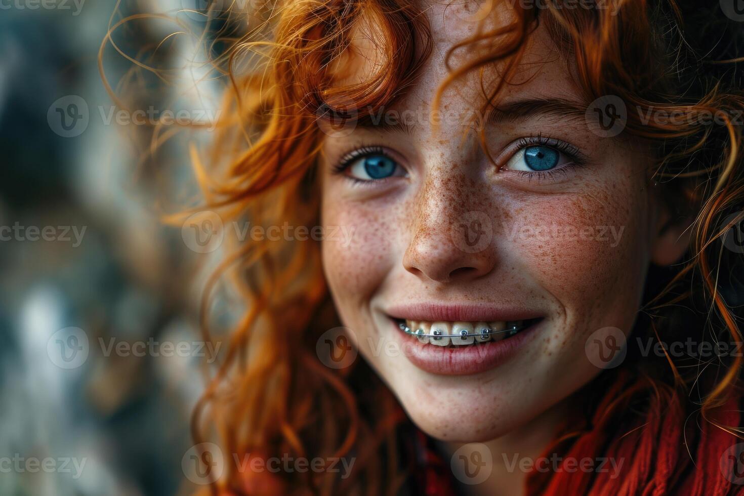AI generated Portrait of a young red-haired woman with braces on her teeth on a street background. Long curly red hair photo