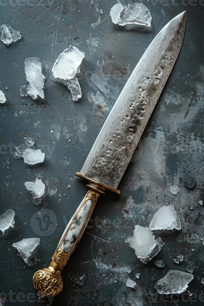 AI generated Knives made of Damascus steel on a wooden board photo