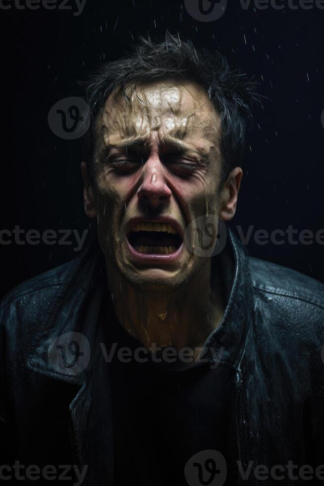 AI generated Portrait of a sad man on a dark background. The concept of deepression photo