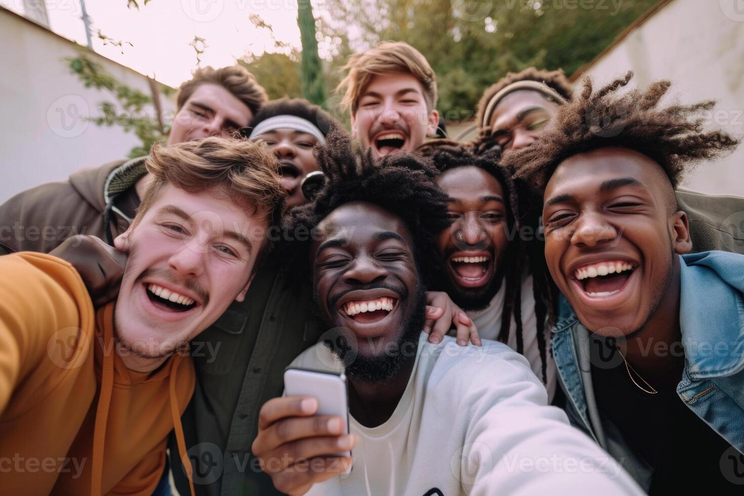 AI generated A reusable young group of happy people takes a selfie photo on a camera outside