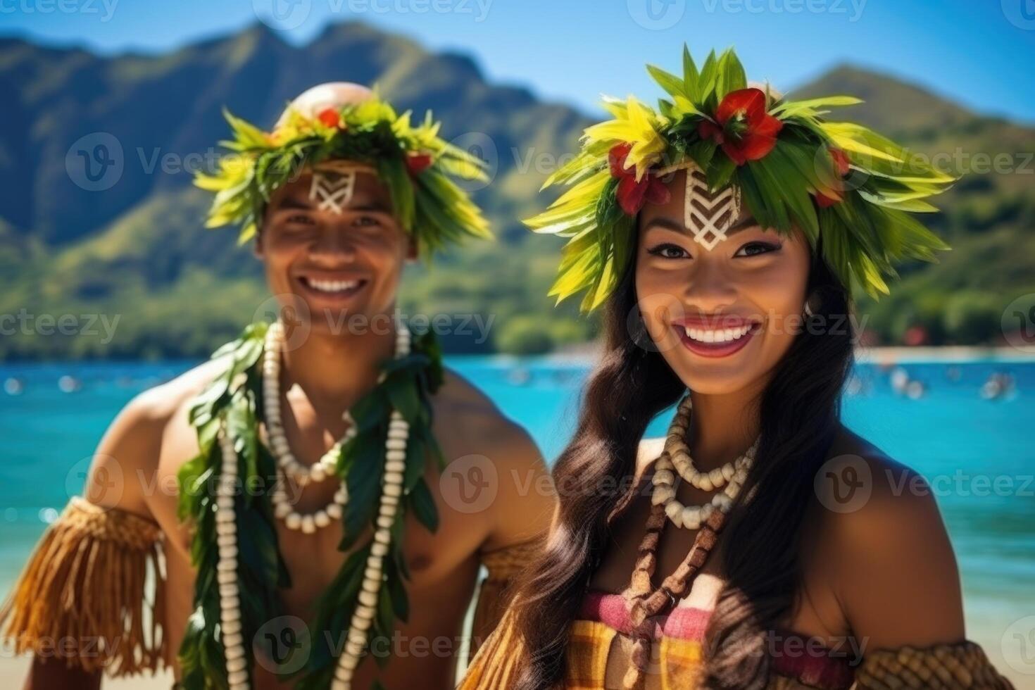 ai generado retrato de un contento hombre y mujer en nacional disfraces en vacaciones en contra el antecedentes de naturaleza. Polinesia foto