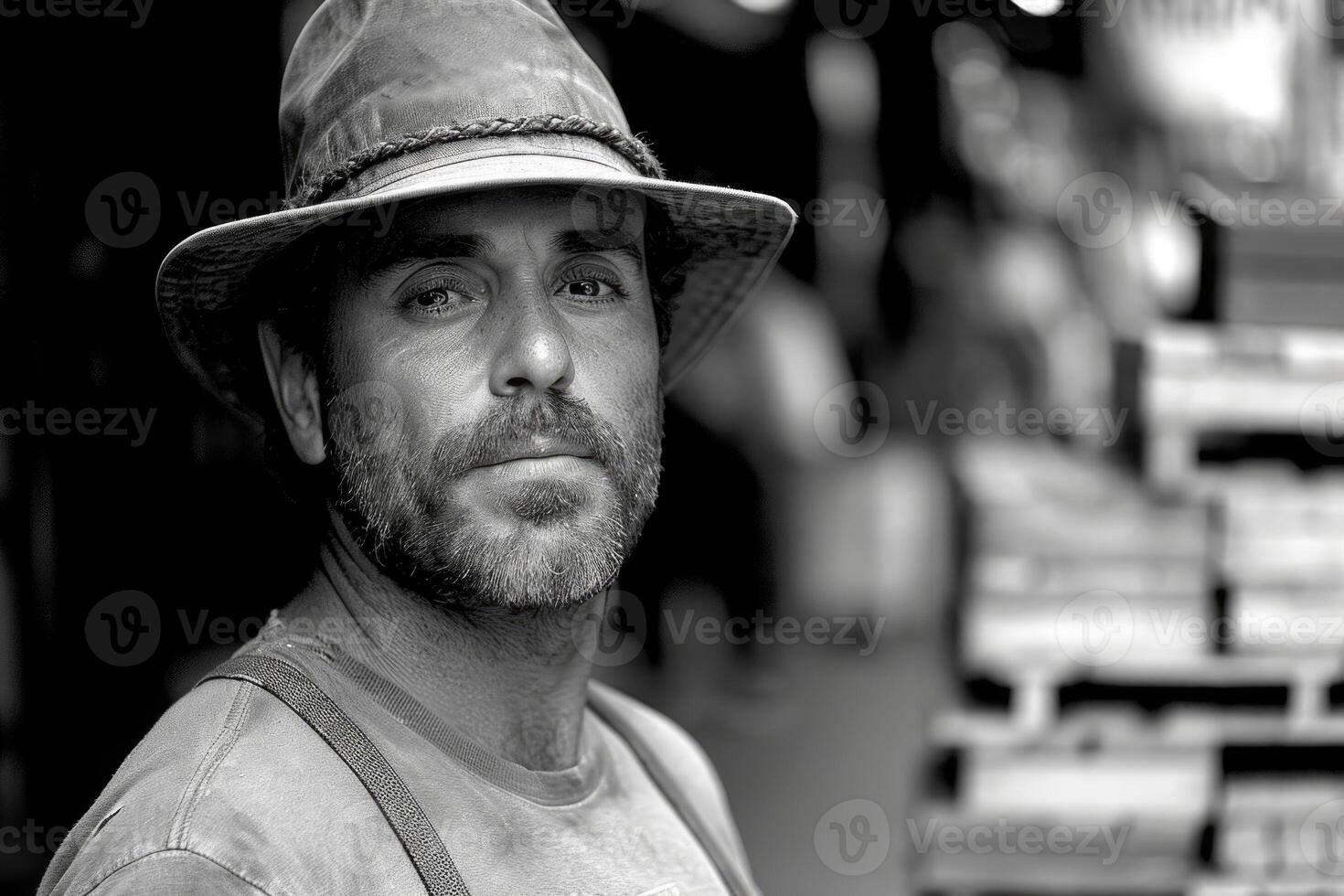 AI generated Portrait of a brutal man with stubble in a hat on a city street. Black and white photo