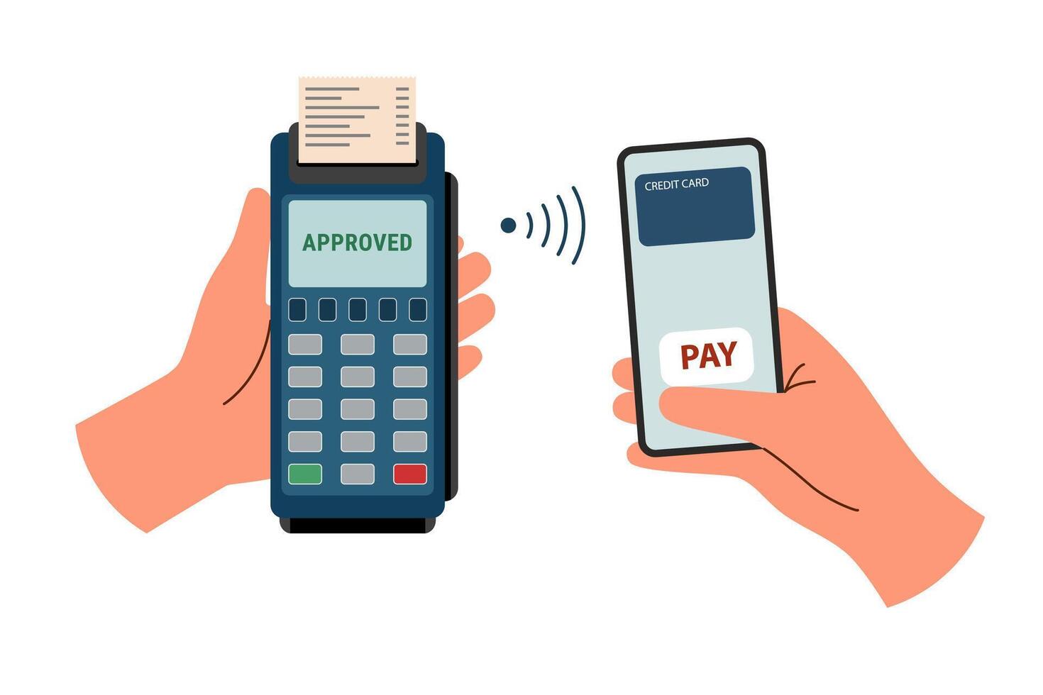 Hands with payment terminal and phone. Contactless payment concept. Online payment. vector