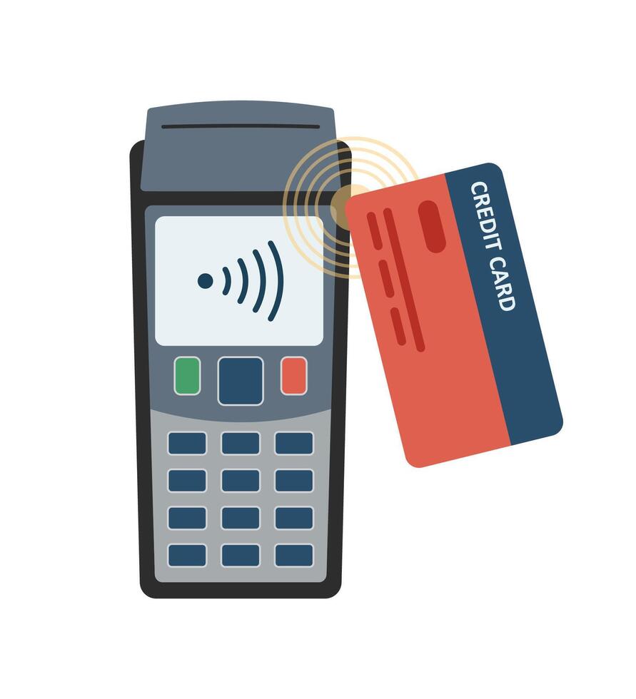 Payment terminal and credit card. Contactless payment concept. vector