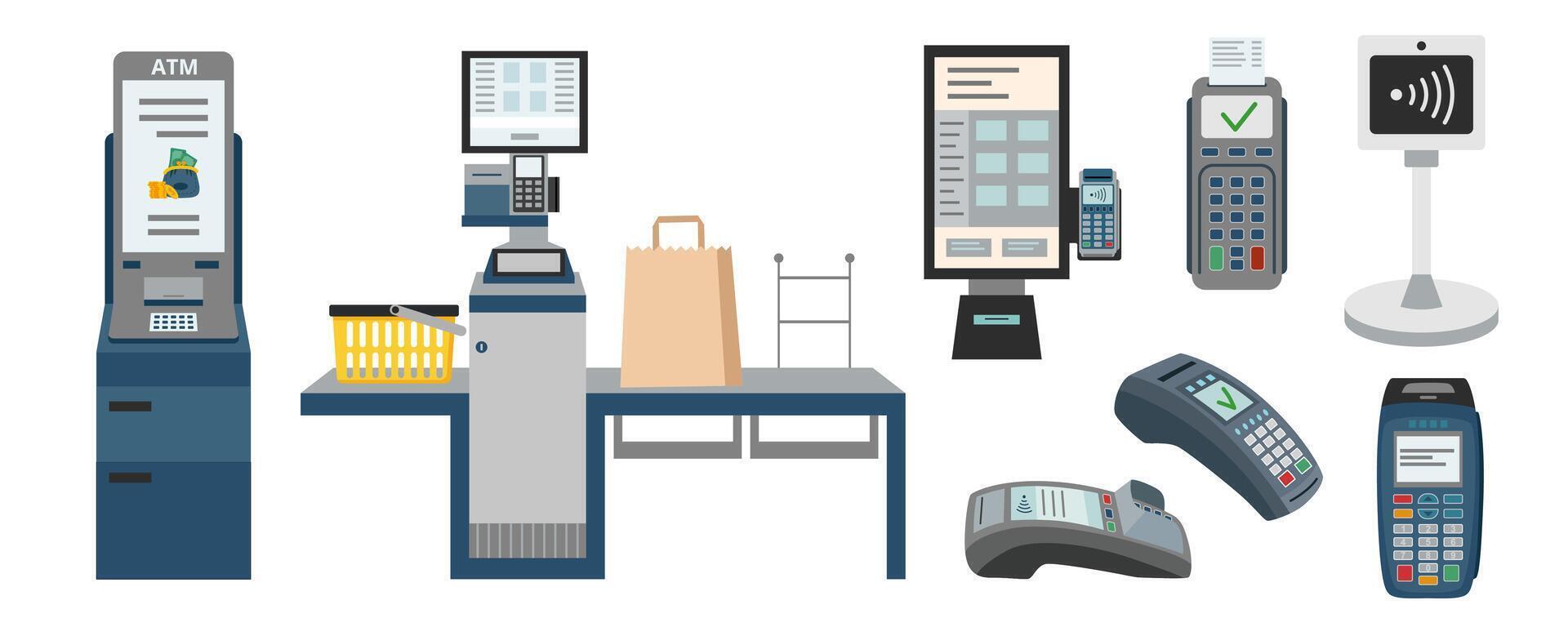 Set of contactless payment devices in flat style isolated on white. Payment terminal, ATM machine, self checkout, kiosk. vector