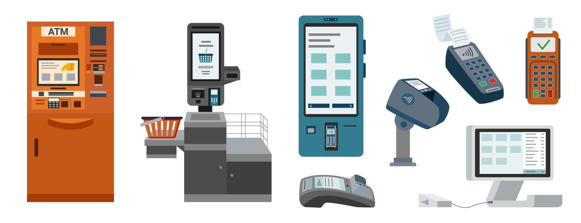 conjunto de sin contacto pago dispositivos en plano estilo aislado en blanco. pago Terminal, Cajero automático máquina, yo verificar, quiosco. vector