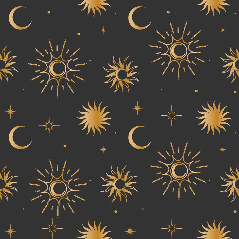 Seamless background with gold stars, moon and suns. Esoteric pattern. Wrapping paper. vector