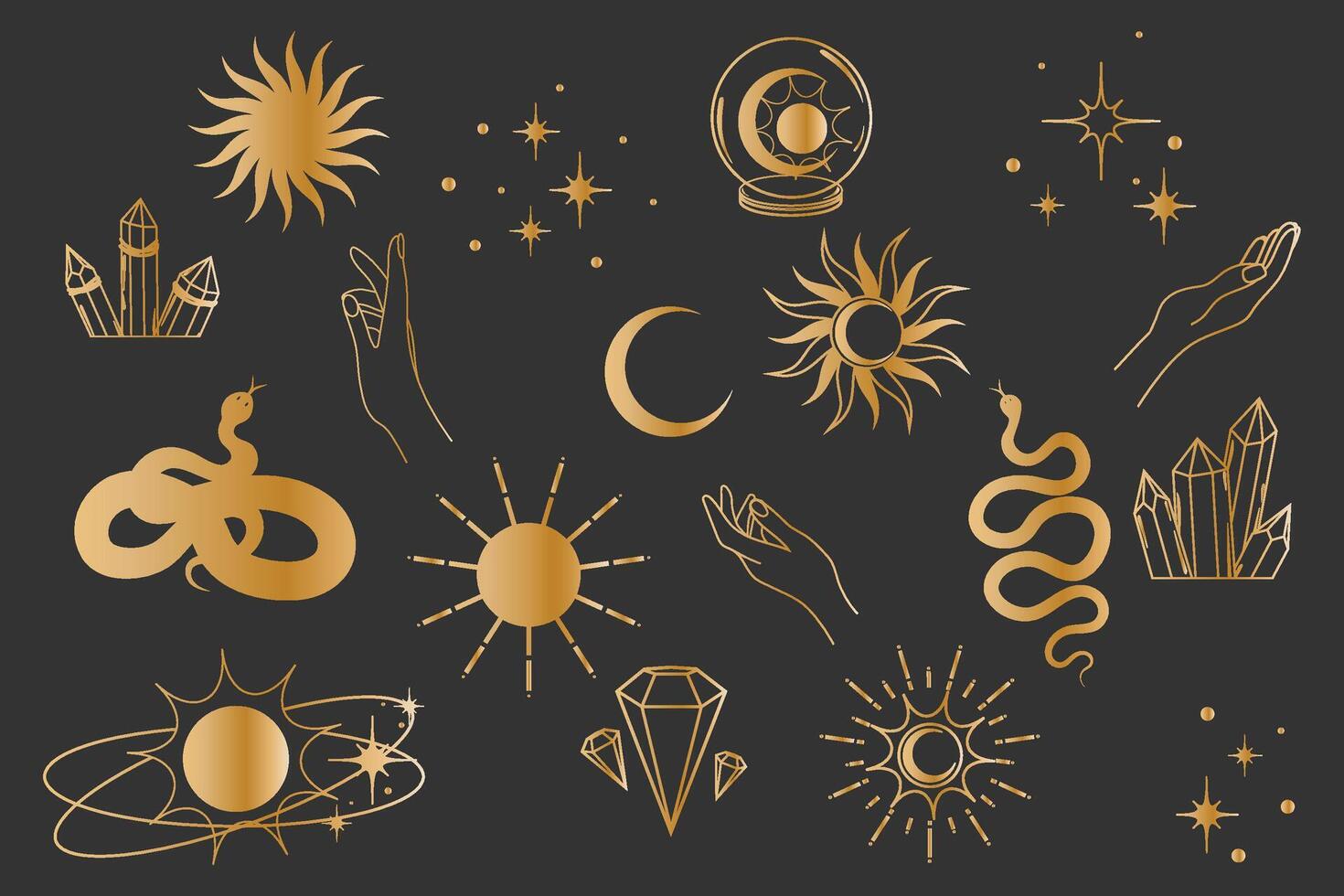 esotérico conjunto con sol, luna, serpiente, cristal y estrellas. oro símbolo para productos cosméticos y embalaje, joyas, logo, tatuaje. vector