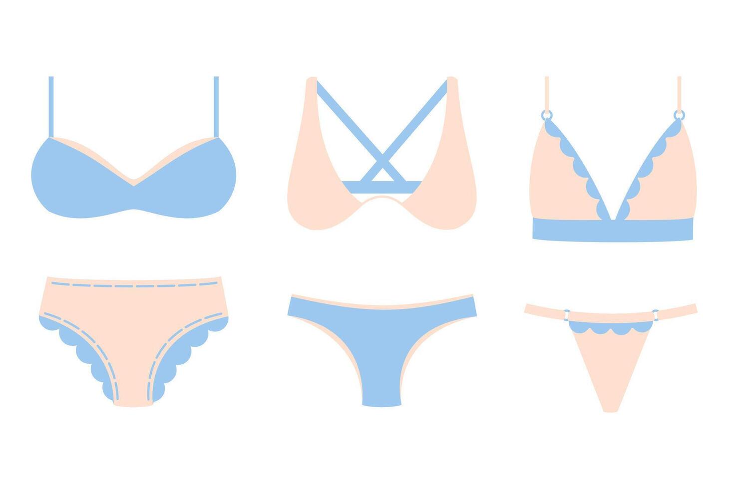 Set of women underwear, ladies lingerie. Different Bra and panties. Underclothes, bikini collection. Brassiere and underpants, pants, briefs. vector