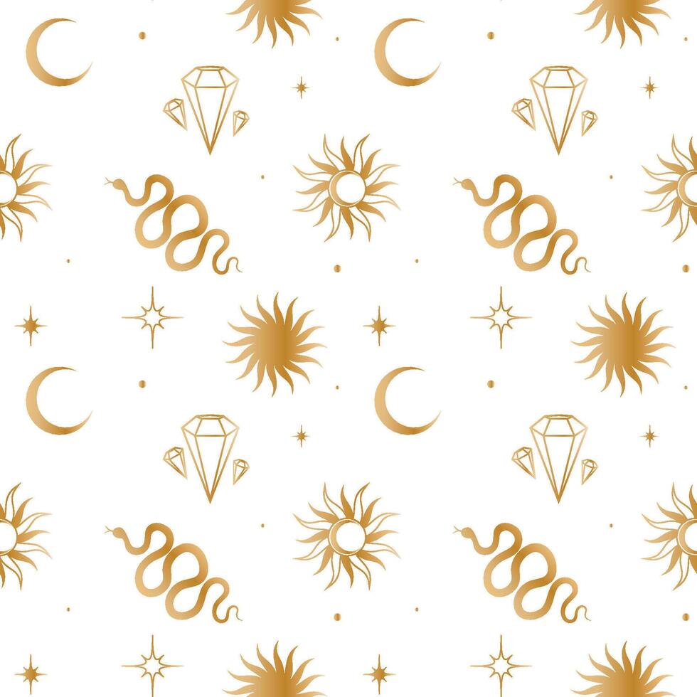 sin costura antecedentes con esotérico oro simbolos modelo con estrellas, serpientes, cristal, sol, luna, diamante. envase papel. vector