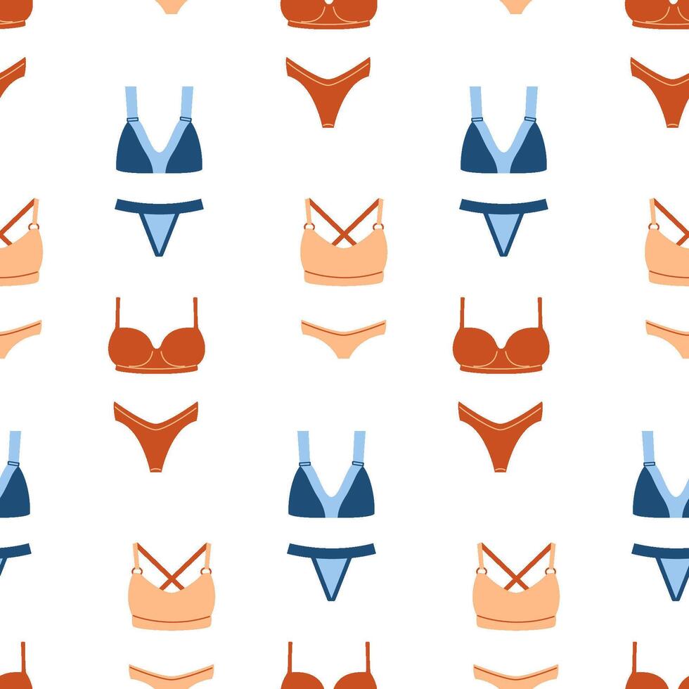 Seamless pattern with women underwear, ladies lingerie. Background with bra and panties. Underclothes, bikini collection vector