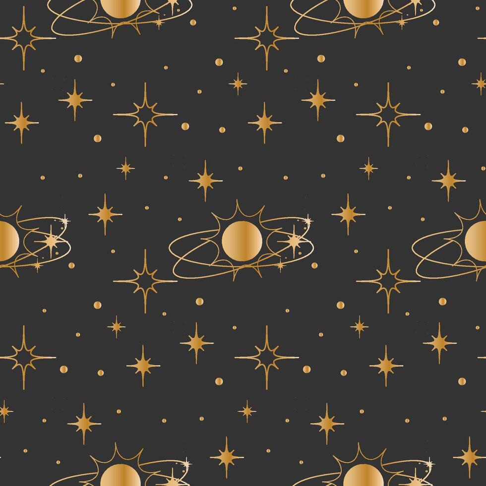 Seamless background with gold stars and suns. Galaxy pattern. Wrapping paper. vector