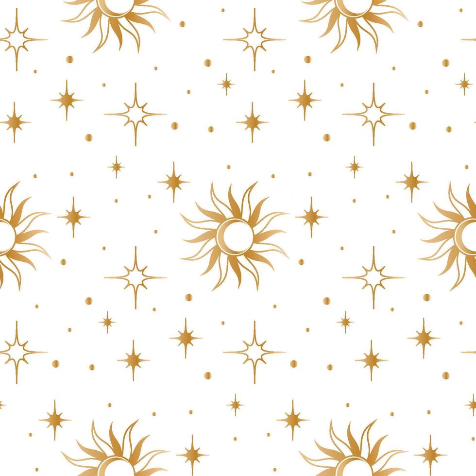 Seamless background with gold stars and suns. pattern. Wrapping paper. vector