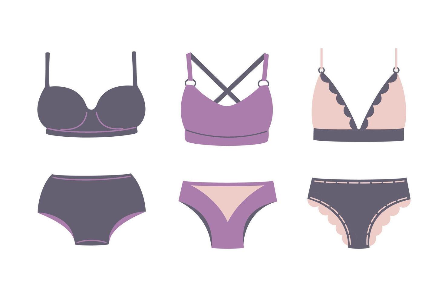 conjunto de púrpura mujer ropa interior, señoras lencería. diferente sostén y bragas. ropa interior, bikini recopilación. sostén y calzoncillos, pantalones, bragas. vector