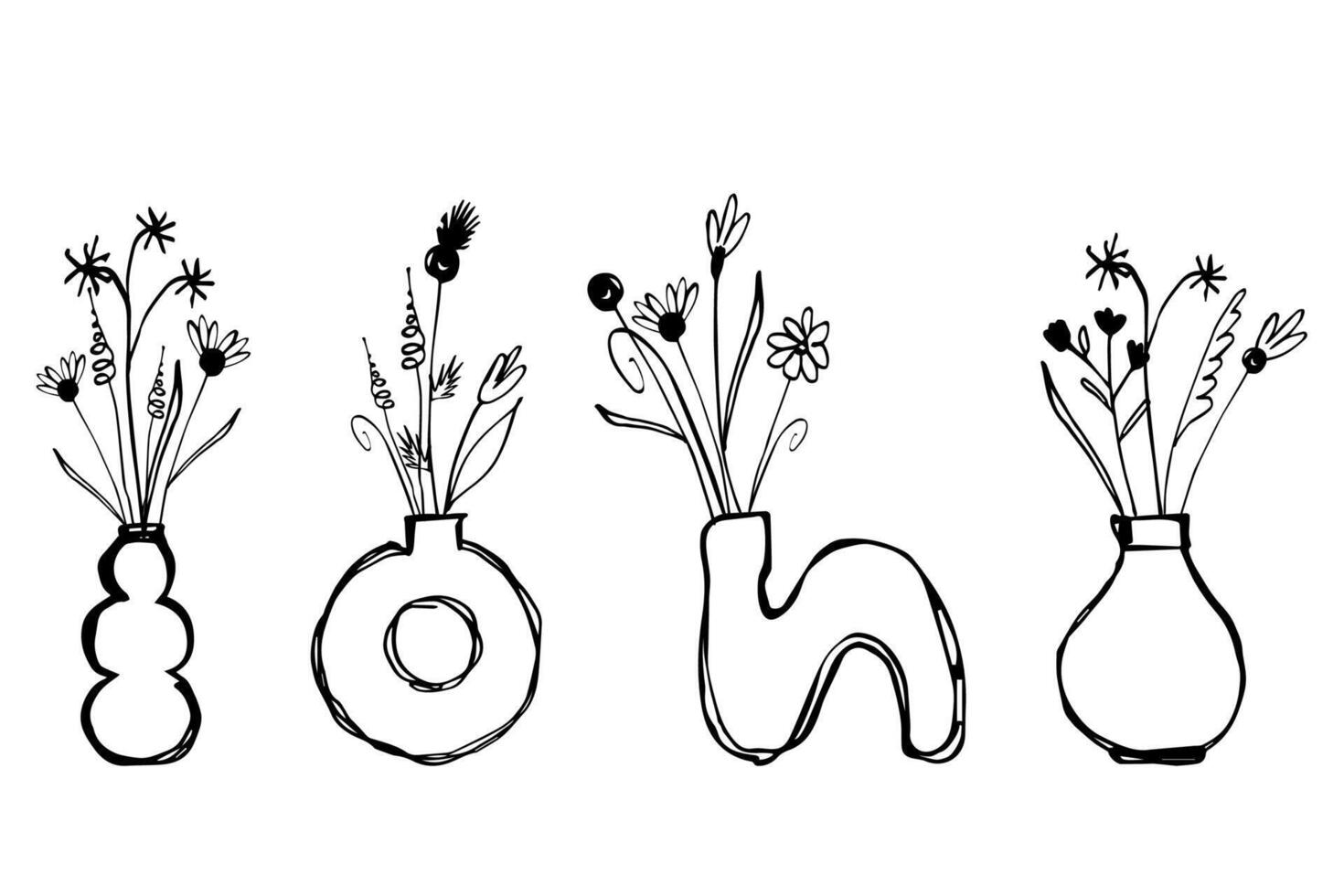 Set of stylized hand drawn flowers in a vases on a white background. vector