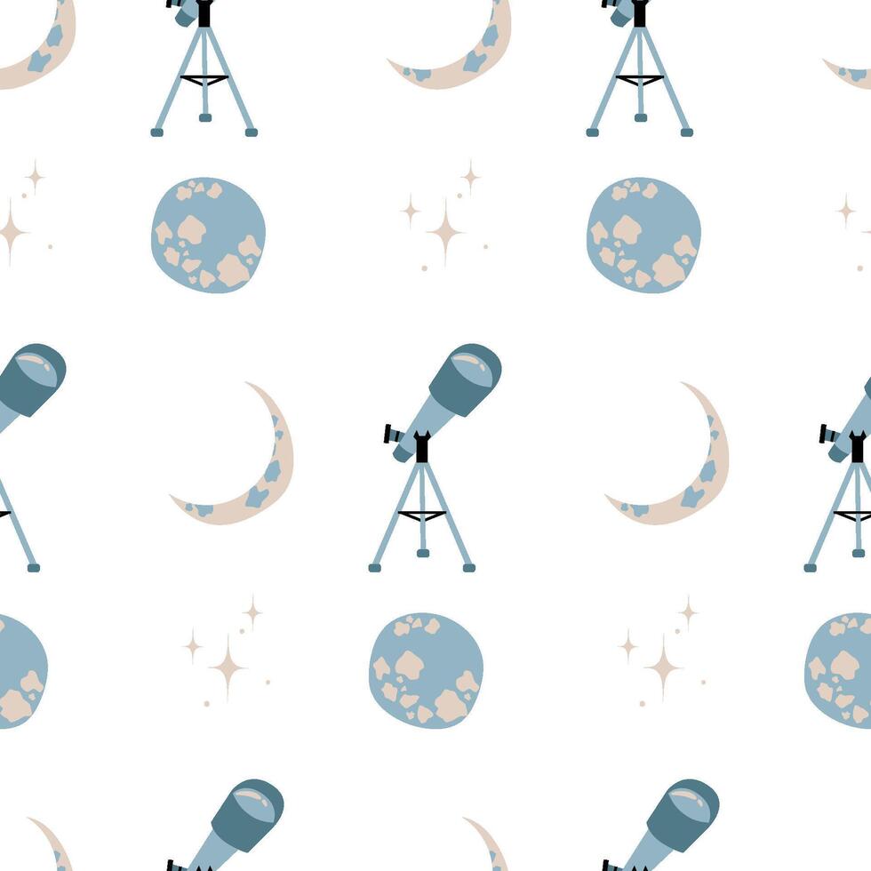 seamless pattern with telescope, moon and stars. Childrens print with a space observatory. Background vector
