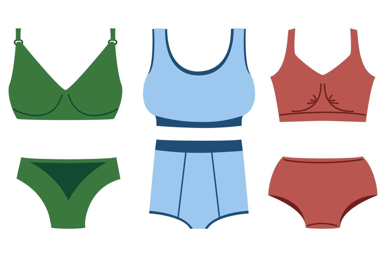 Tipos de ropa interior de mujer. figura femenina en panty. bragas pastel.  ilustración vectorial a4 para lencería.