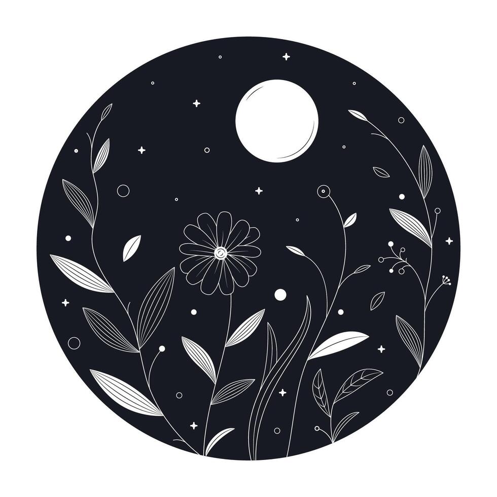 flores y Luna en mono línea estilo Arte para insignias, emblemas, parches, camisetas vector ilustración