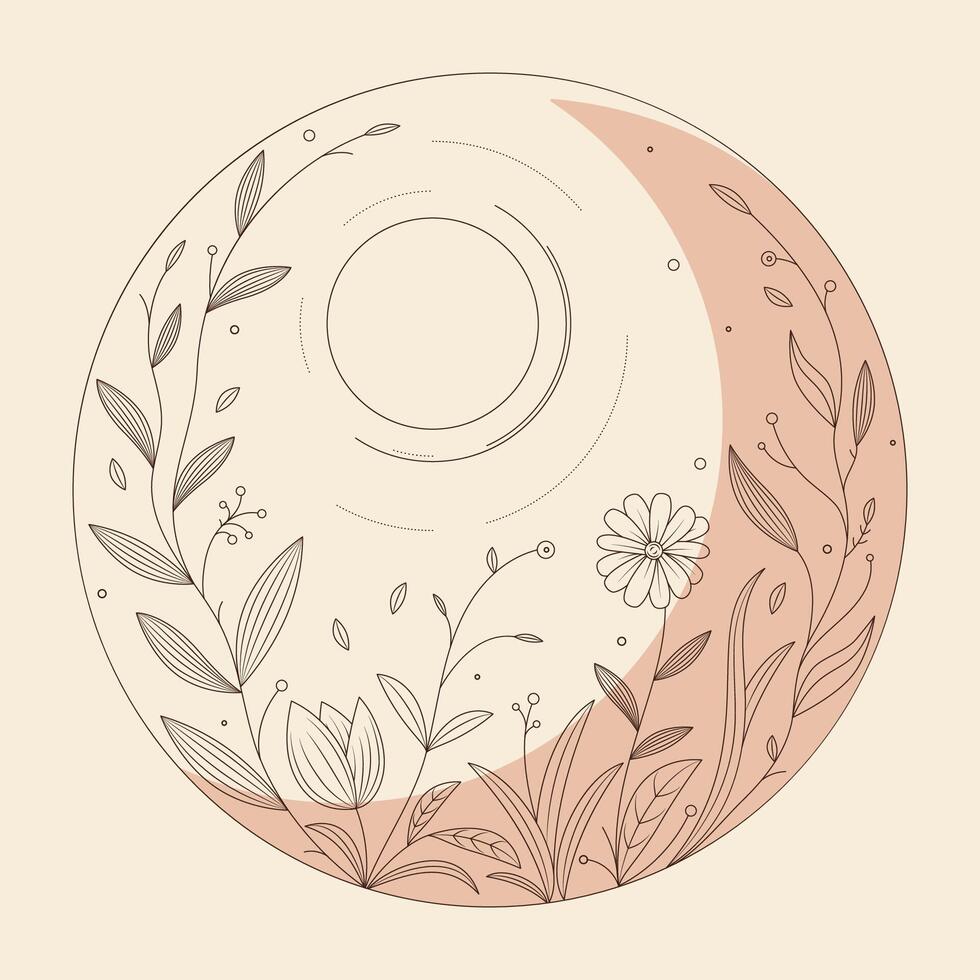 Flowers, leaves, sun and moon in mono line style art for badges, emblems, patches, t-shirts. Vector illustration