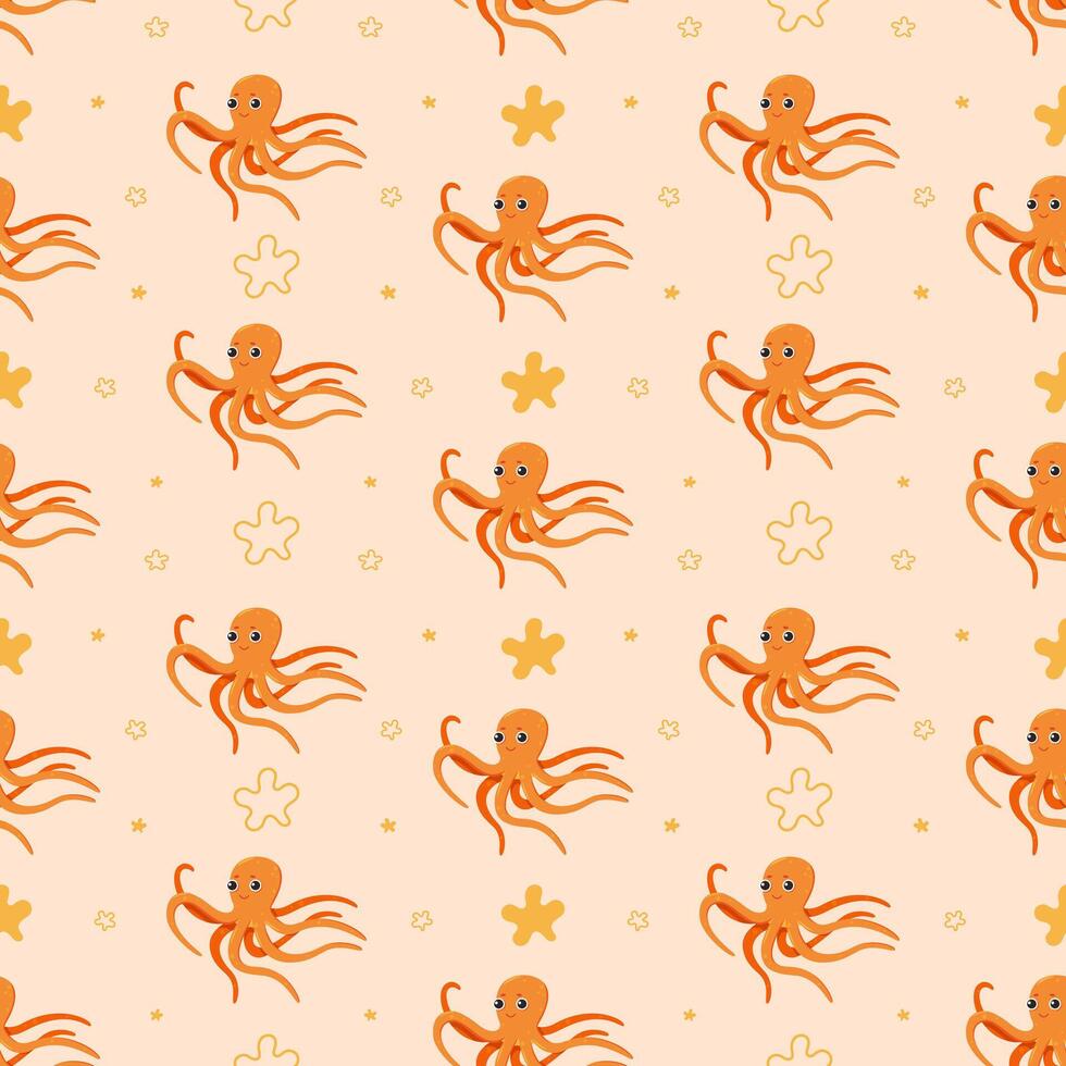 Cute orange octopus seamless pattern in cartoon style. For print, wrapping paper and wallpaper design. Vector illustration