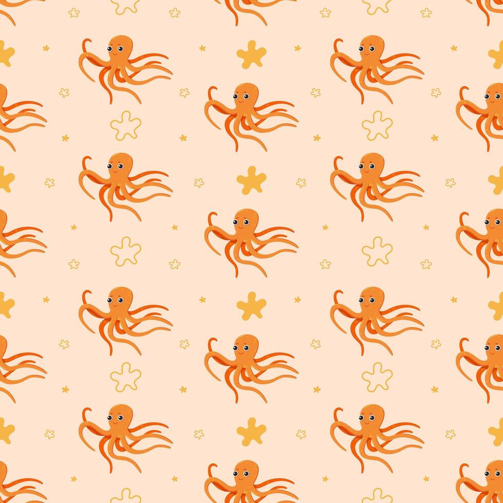 Cute orange octopus seamless pattern in cartoon style. For print, wrapping paper and wallpaper design. Vector illustration